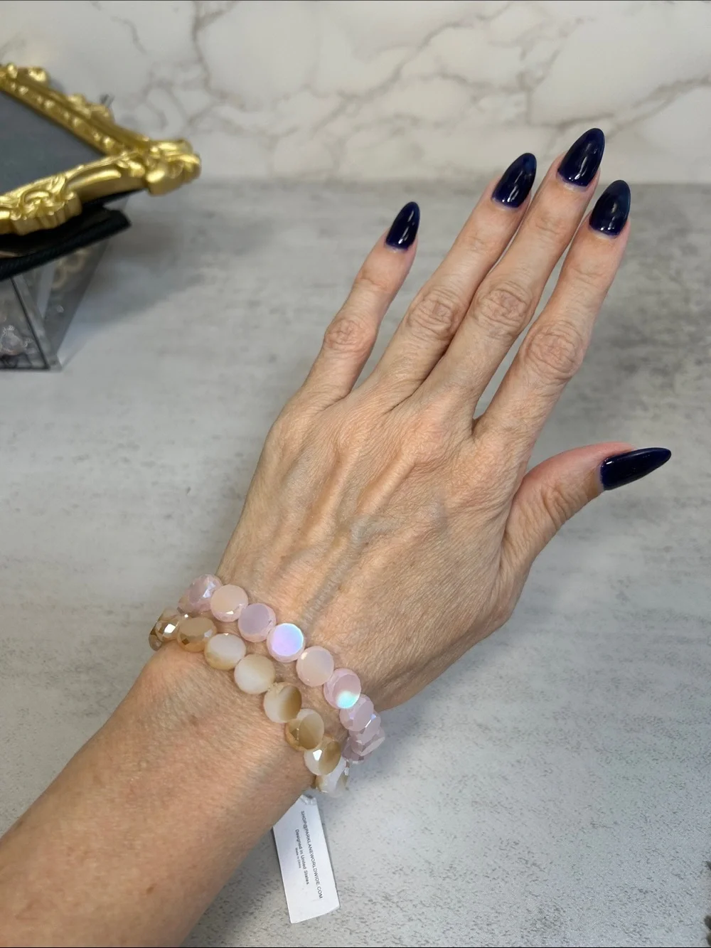 2 Faceted Round Crystal Bead Stretch Bracelets - Pink & Beige